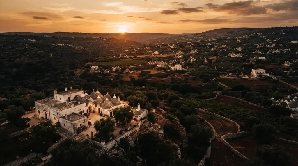 The trulli landscape of Puglia's Valle d'Itria at golden hour