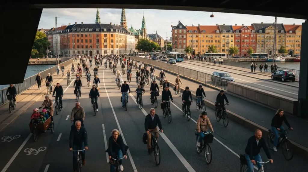 Dozens of cyclists moving in both directions on a wide separated cycling lane in central Copenhagen at rush hour