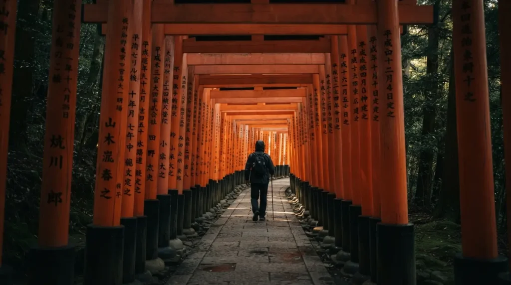Traveller crossing a wooden bridge in rural Japan