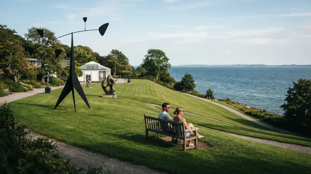 Outdoor sculptures on the lawn terrace of Louisiana Museum with the Øresund strait