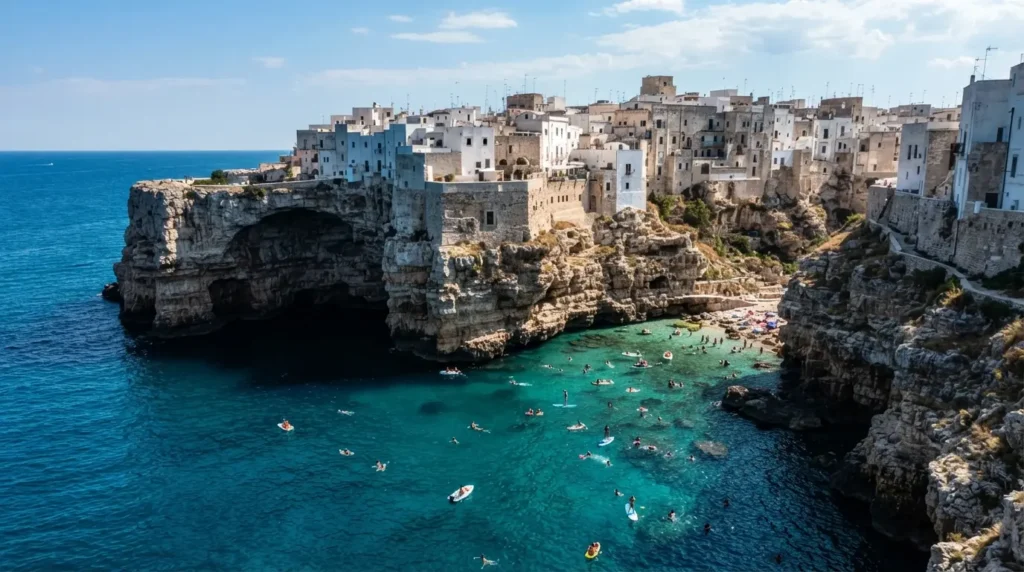 Polignano a Mare's white cliff-top town above a turquoise Adriatic cove in Puglia
