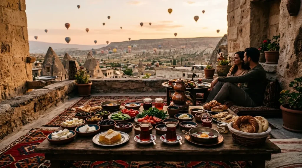 Hot air balloons rising over Cappadocia's rock valleys at sunrise, Turkey