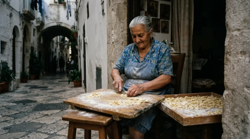 An elderly Puglian woman handrolling orecchiette pasta in a doorway in Bari Vecchia's old city