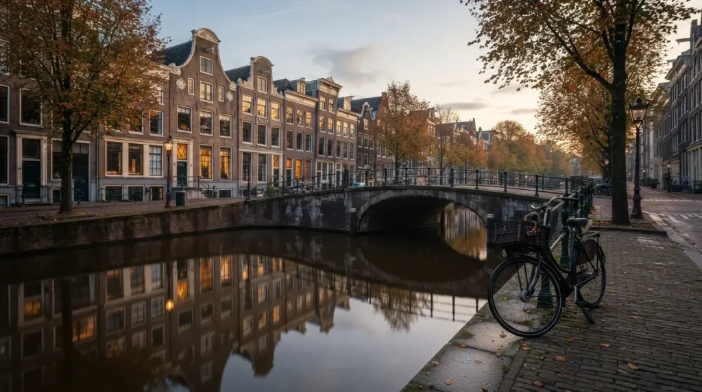 A narrow Amsterdam canal at dawn with gabled merchant houses reflected in the still water, a bicycle on a stone bridge and elm trees along the bank, no tourists yet visible