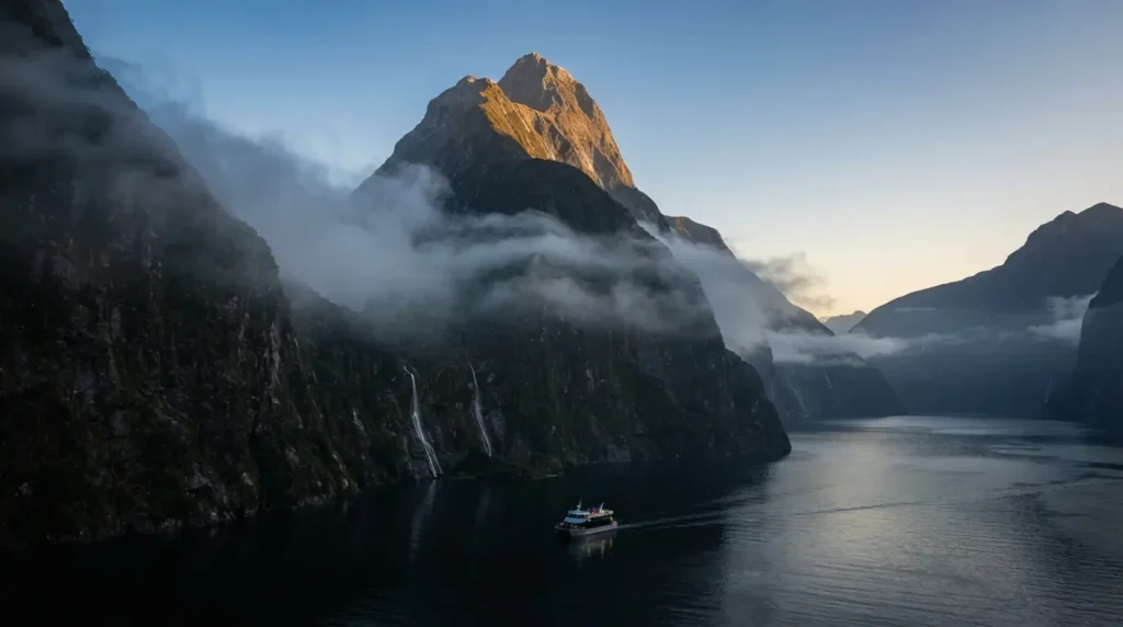 Milford Sound at dawn with Mitre Peak rising 1,692 metres from the dark water, mist on the cliff faces and a small tourist boat at the base for scale