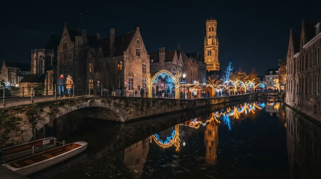 Bruges canal at night during Winter Glow with medieval buildings and elaborate light installations reflected in the dark water, Christmas market stalls visible on the far bank