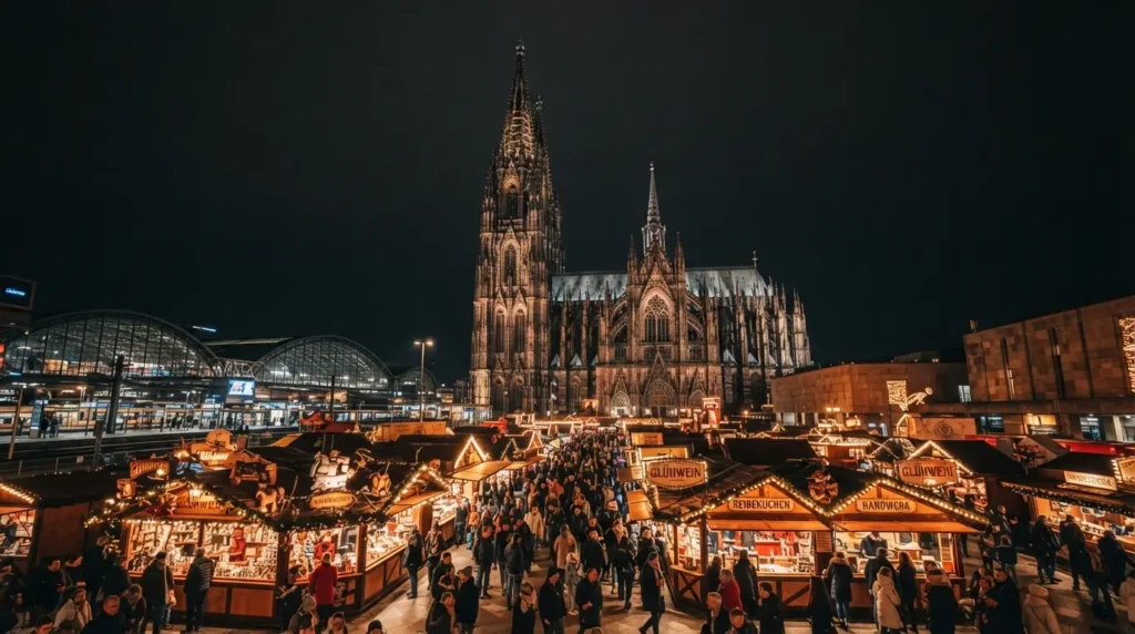 Cologne Cathedral's twin Gothic spires rising dramatically above the Christmas market stalls at night, the cathedral floodlit and the market below with warm amber stall lights and visitors
