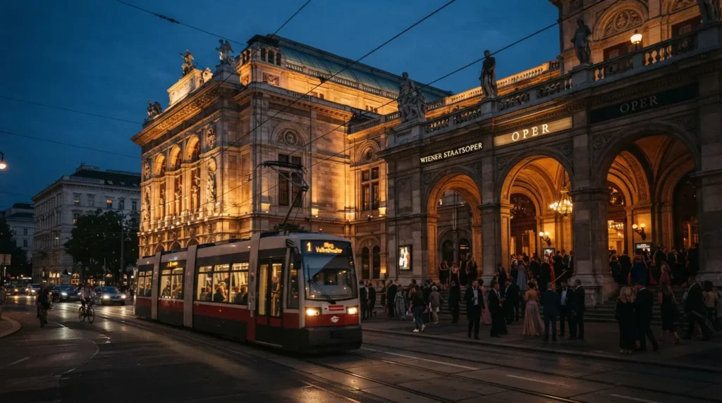 The Vienna State Opera house on the Ringstrasse at dusk, lit in warm gold light with theatre-goers in formal dress at the entrance and a tram passing in the foreground.