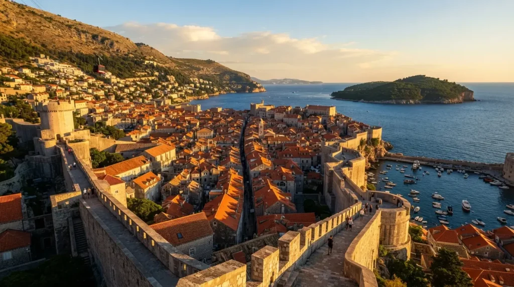 Dubrovnik's old town seen from the city walls at golden hour, the red-tiled rooftops below and the Adriatic blue beyond the walls, a cable car ascending the cliff behind