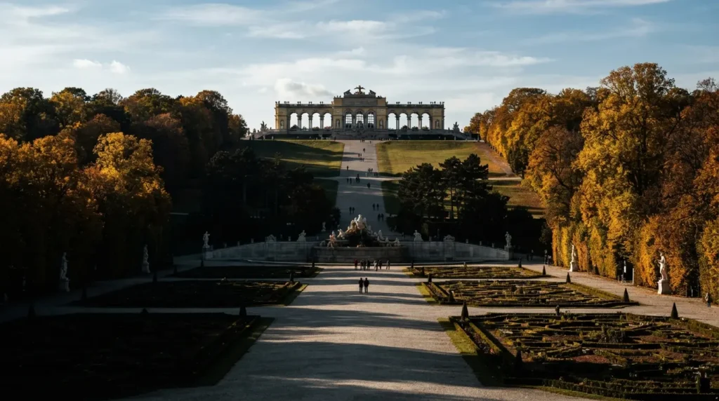 The Gloriette colonnade at the top of Schönbrunn Palace's formal baroque gardens in Vienna, with the palace visible at the far end and autumn trees on both sides of the central axis.