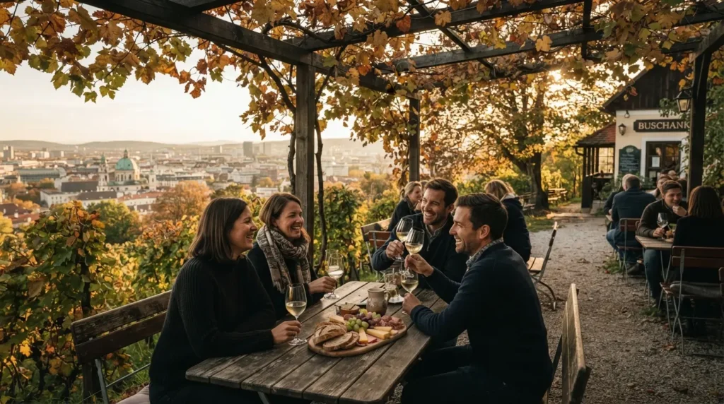 An outdoor Heuriger wine garden on the Vienna hills in autumn with guests at tables under turning vine leaves, glasses of young wine, and the city of Vienna visible in the valley below.