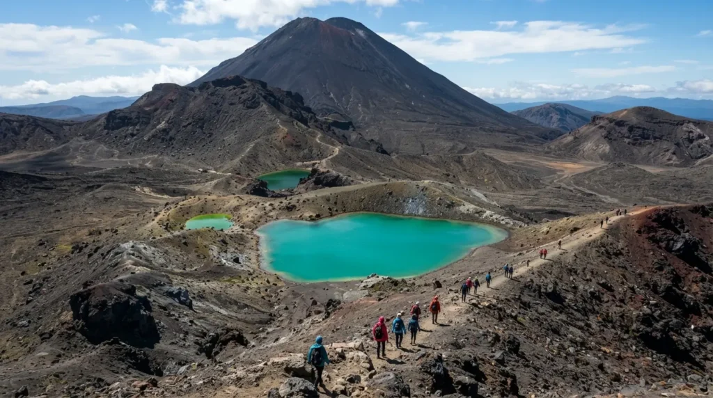 The vivid turquoise and green Emerald Lakes in volcanic craters on the Tongariro Alpine Crossing, with Mt Ngauruhoe's cone above and hikers on the crater rim trail for scale 
