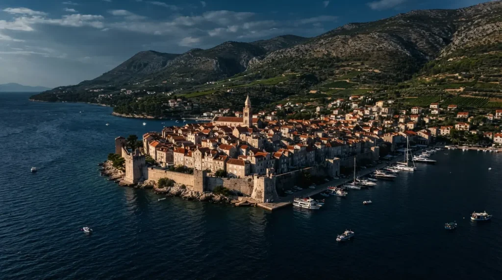 Korčula Town's medieval old town on its narrow peninsula seen from the sea, red rooftops and cathedral bell tower rising from the Venetian Gothic buildings with vineyards on the hillsides behind