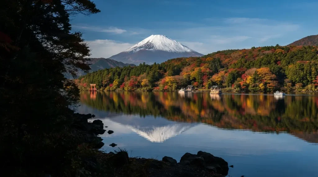 Lake Ashi at Hakone with vivid red and yellow autumn maple trees on the far shore and Mt Fuji rising snow-capped above the treeline, the lake perfectly still and reflecting both