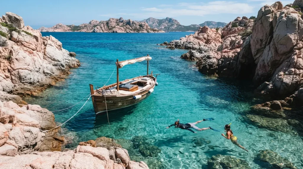 A boat anchored in a sheltered La Maddalena Archipelago cove with pale granite rocks, turquoise water and snorkellers in the shallows, other islands visible in the distance.