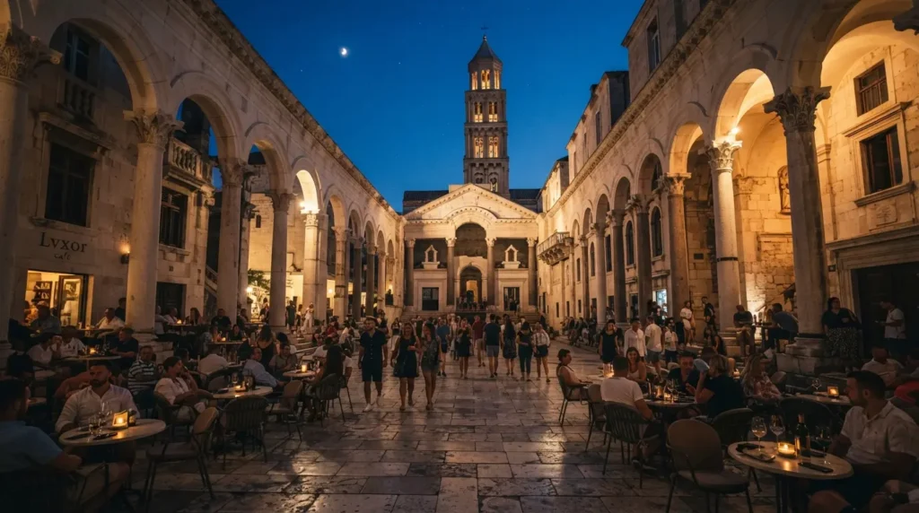 The Peristyle courtyard inside Diocletian's Palace in Split at dusk, Roman columns on both sides, the Cathedral of Saint Domnius visible at the far end, café tables on the ancient stone paving