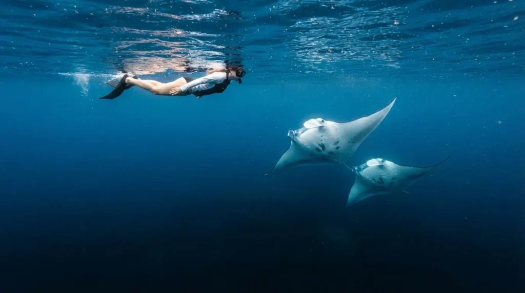 A snorkeller at the surface watching two manta rays gliding below in the clear blue water of Hanifaru Bay, Maldives, the rays' white undersides and cephalic horns visible