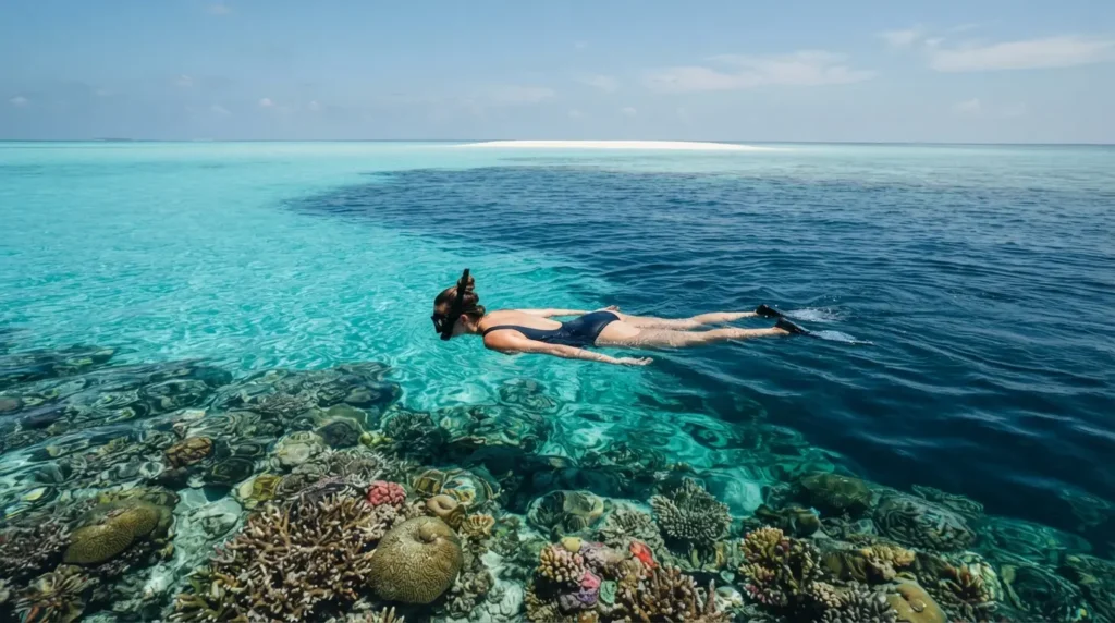 A turquoise Maldivian lagoon seen from water level with a swimmer floating face-down watching the coral below, the water perfectly clear and the sandbank visible in the distance