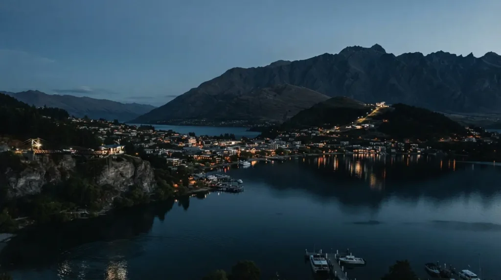Queenstown on the shores of Lake Wakatipu at dusk with the Remarkables mountain range rising beyond, town lights beginning to reflect in the lake