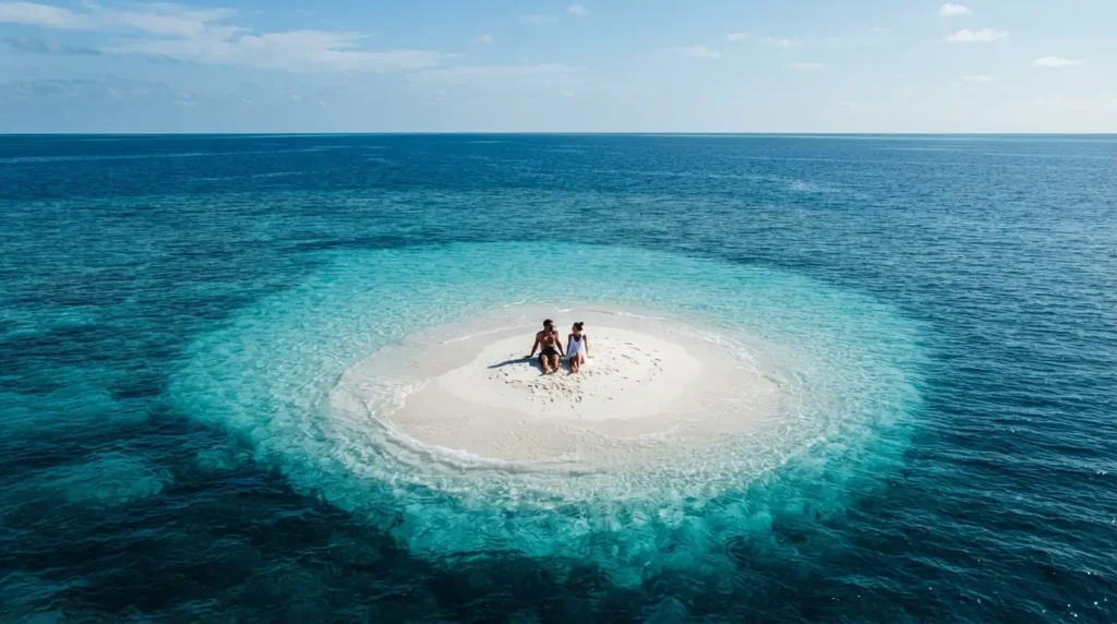 Two people sitting on a tiny white Maldivian sandbank barely above sea level with turquoise lagoon water stretching to the horizon on all sides and no other land visible 