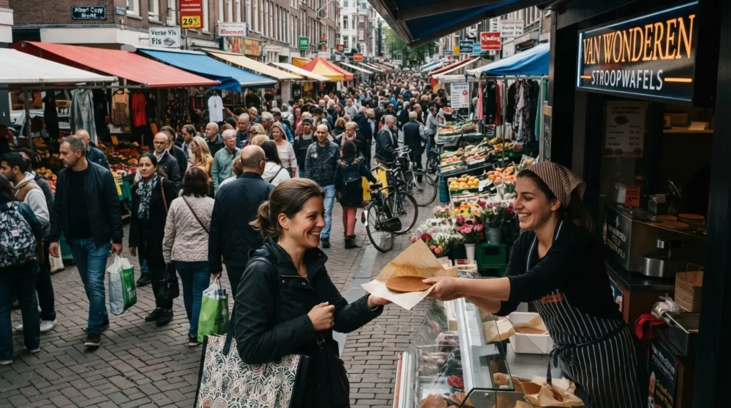 The Albert Cuyp Market in De Pijp, Amsterdam in full midday activity with a stroopwafel vendor in the foreground, market stalls running the length of the street and diverse crowds browsing between them