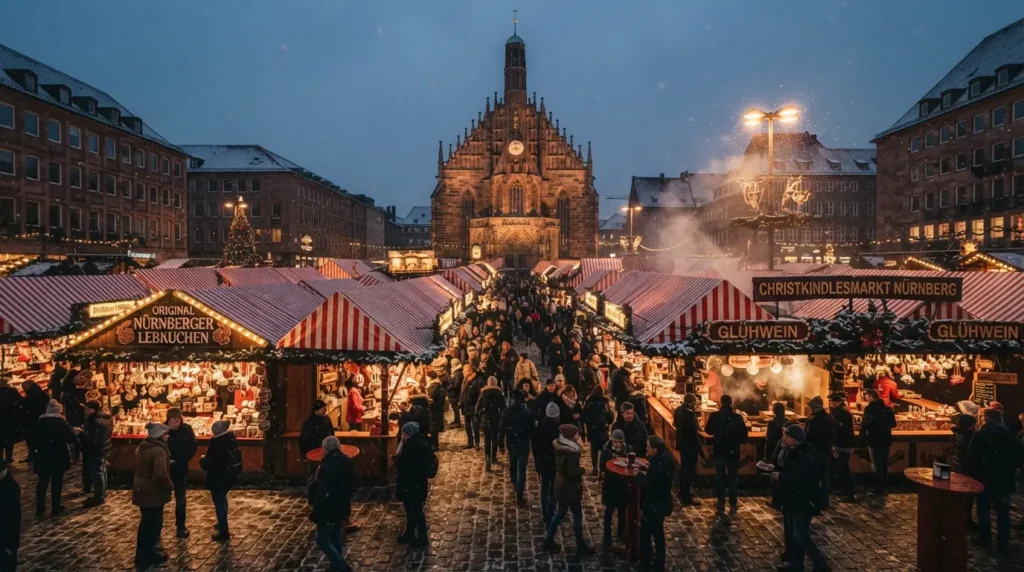 Nuremberg's Christkindlesmarkt on Hauptmarkt Square at dusk with hundreds of red-and-white striped market stalls, the Frauenkirche lit behind and snow falling in the lamplight