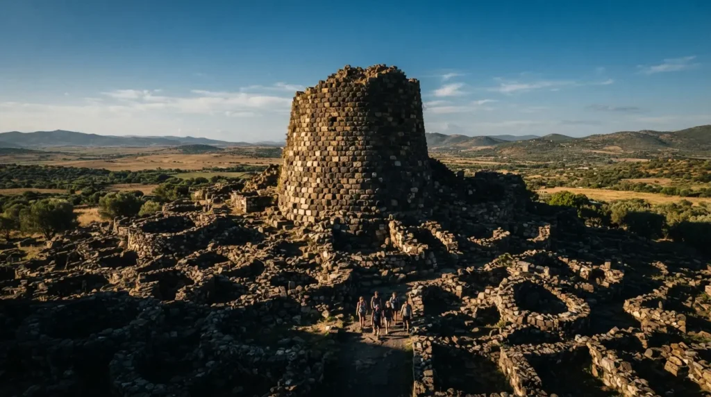  Main Bronze Age nuraghe tower of Su Nuraxi di Barumini in Sardinia with surrounding village ruins and the Barbagia plateau extending behind, small visitors at the base for scale 