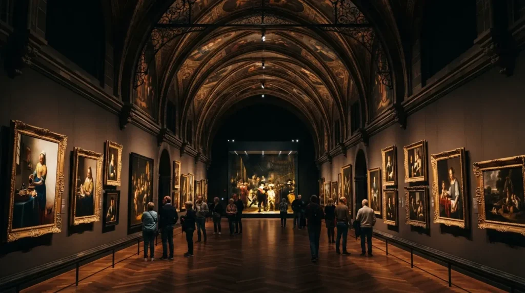 The Gallery of Honour corridor inside the Rijksmuseum in Amsterdam with Dutch Golden Age paintings lining both walls, visitors between them and the Night Watch visible at the far end