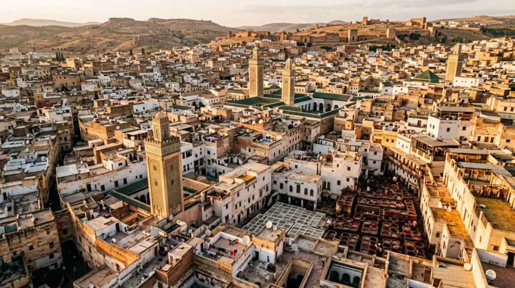 An aerial view of Fes el-Bali medina stretching across the hillside, 9,000 alleys visible below the rooftops, minarets rising above and the Chouara tanneries showing their coloured vats among the buildings