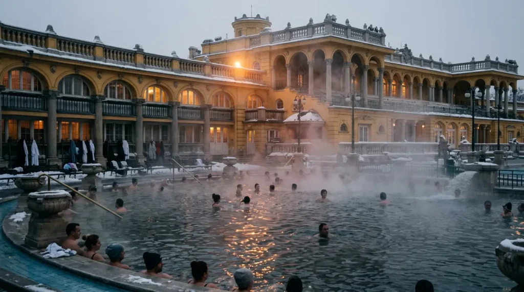 zéchenyi Thermal Baths outdoor pool in winter, steam rising from the hot water, the neo-baroque yellow building emerging through the mist