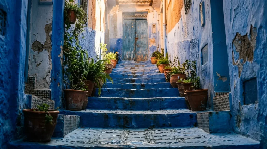Blue painted staircase in Chefchaouen medina at sunrise with terracotta plant pots and weathered wooden door