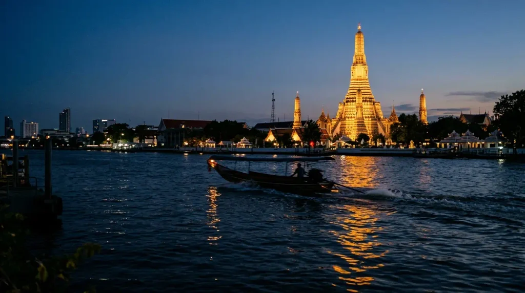 Boat passing Wat Arun temple