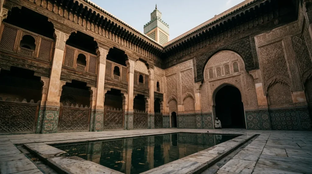 he courtyard of the Bou Inania Madrasa in Fes, the long marble pool reflecting the carved stucco walls and cedarwood lattice above, the green-tiled minaret visible at the roofline in morning light