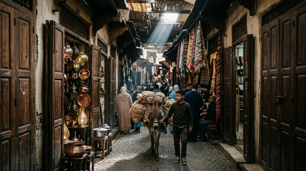 A narrow Fes medina souk alley with wooden shop fronts on both sides, a boy leading a laden donkey through, textiles and copper goods visible in the shop openings and a single shaft of light from above