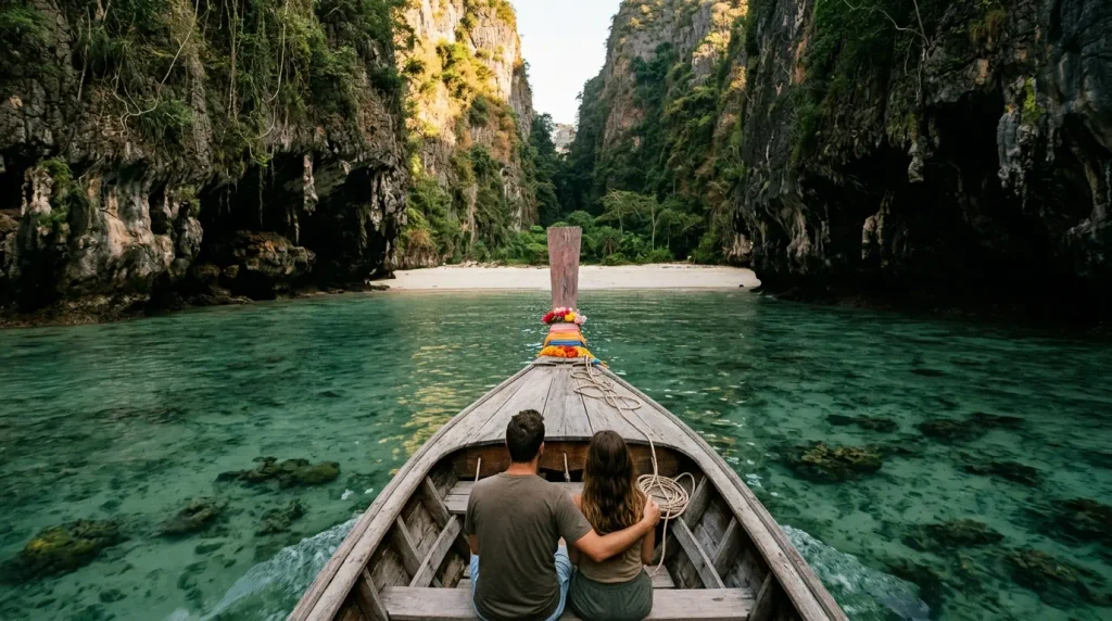 Longtail boat approaching Railay Beach through turquoise water with vertical limestone karst cliffs on each side, Krabi, Thailand
