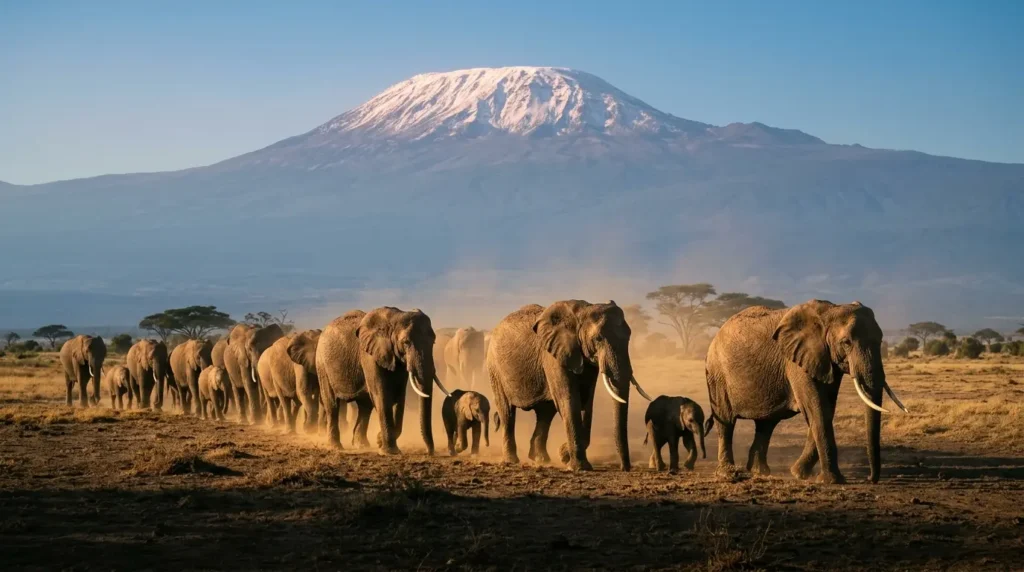 A breeding herd of African elephants crossing Amboseli plain with the full snowcapped summit of Kilimanjaro rising behind them at golden hour