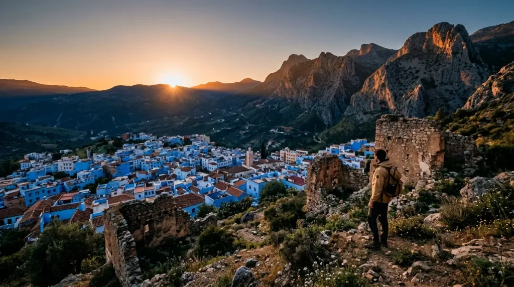 Panoramic view from Spanish mosque ruins over Chefchaouen blue medina and Rif Mountains at golden hour