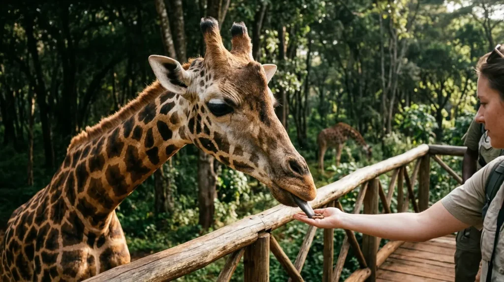 A Rothschild giraffe lowering its head to the hand-feeding platform at the Nairobi Giraffe Centre, forest visible behind