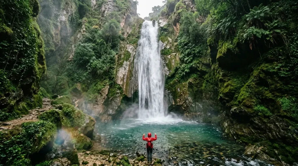 Hiker at base of Akchour Grand Cascade waterfall in green mossy canyon, Rif Mountains Morocco
