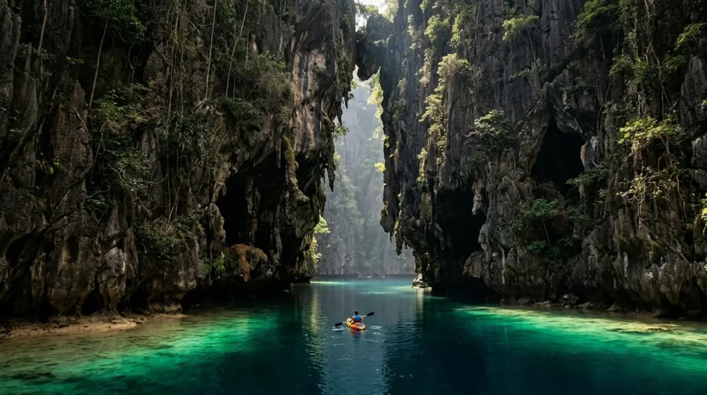 A solo kayaker paddling through the entrance of El Nido's Big Lagoon, the towering limestone karst walls rising vertically two hundred metres on both sides