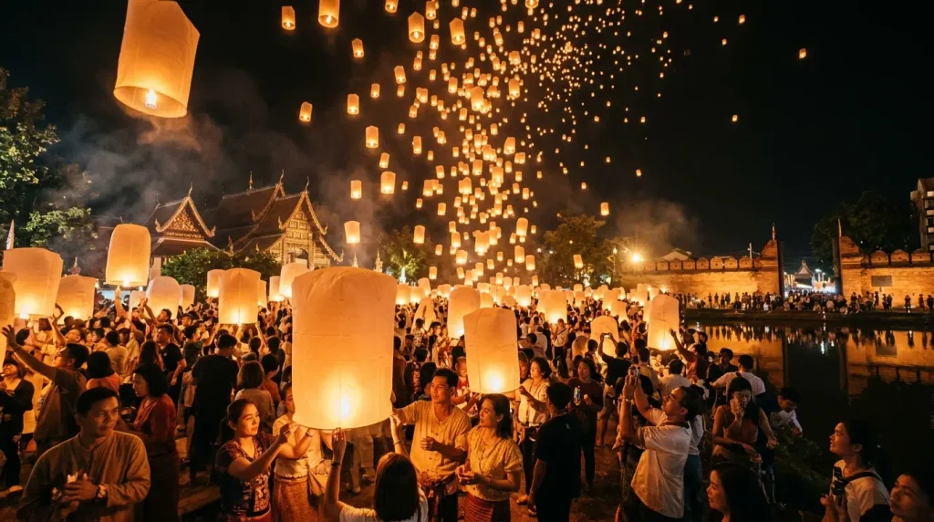 Thousands of glowing paper lanterns rising into the night sky at Yi Peng festival, Chiang Mai, Thailand, crowd faces illuminated below