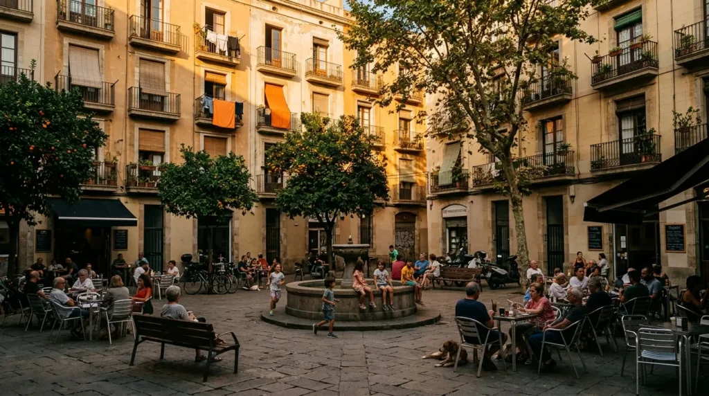 A sunlit Gràcia square at golden hour, locals at café tables, children playing, Barcelona apartment buildings behind