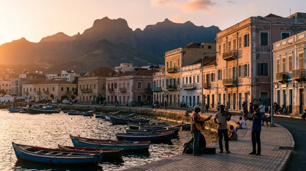 Mindelo waterfront at golden hour, São Vicente, Cape Verde, colonial pastel buildings reflected in Porto Grande harbour, traditional fishing boats moored at the quay, musicians on the promenade