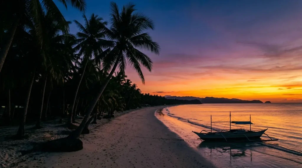Boracay White Beach at sunset, the pale arc of sand curving into the distance, coconut palm silhouettes against a magenta sky, an outrigger boat at the waterline