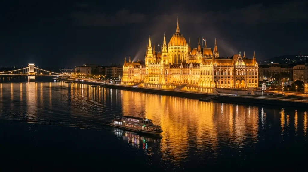 The Hungarian Parliament Building seen from across the Danube at night, its neo-Gothic facade reflected perfectly in the still dark river