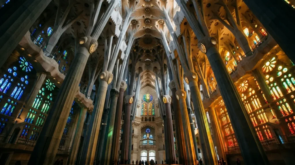 Interior view of the Sagrada Família showcasing its soaring, tree-like stone columns that branch out toward a geometric vaulted ceiling