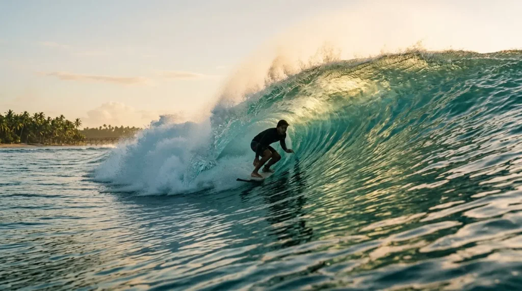 A surfer in the barrel of a perfect right-hand wave at Cloud 9 reef break, Siargao, Philippines, the reef visible through the glassy wave face