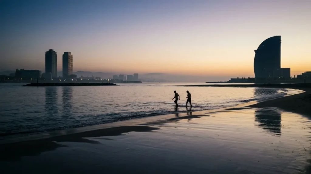 Barcelona's Barceloneta beachfront at dawn, the city skyline behind, two swimmers entering the calm Mediterranean, the sand empty