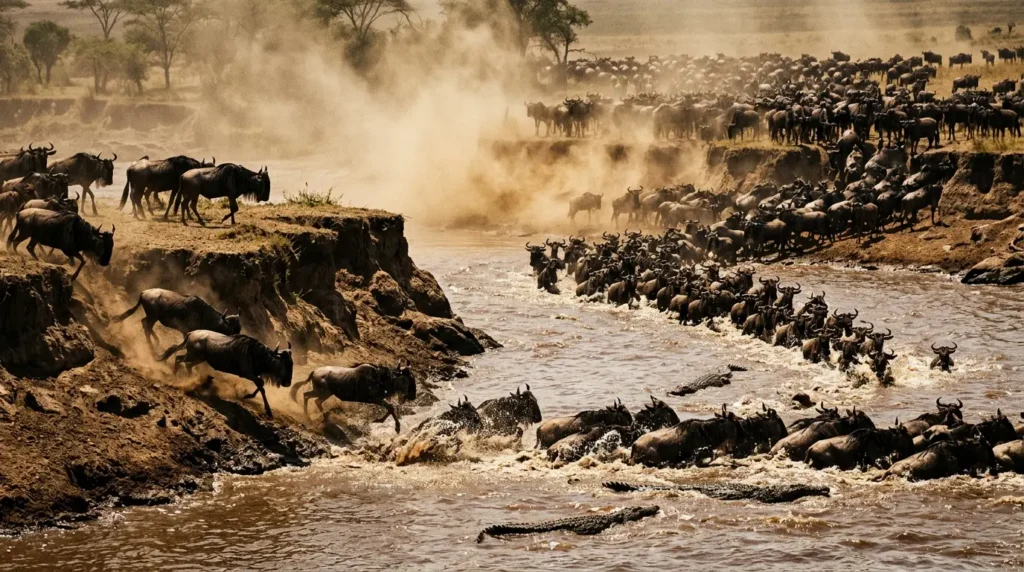 Blue wildebeests (Connochaetes taurinus) and crocodiles during the Great Migration along the Mara River between the Serengeti National Park in Tanzania and the Maasai Mara National Reserve in Kenya.